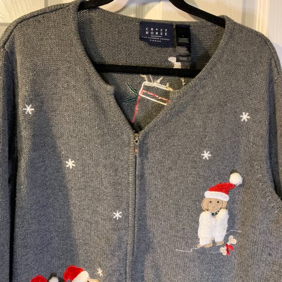 Crazy Horse Women's Christmas Dogs Sweater Plus Size 1X Full Zip Pockets Holiday - Picture 3 of 9
